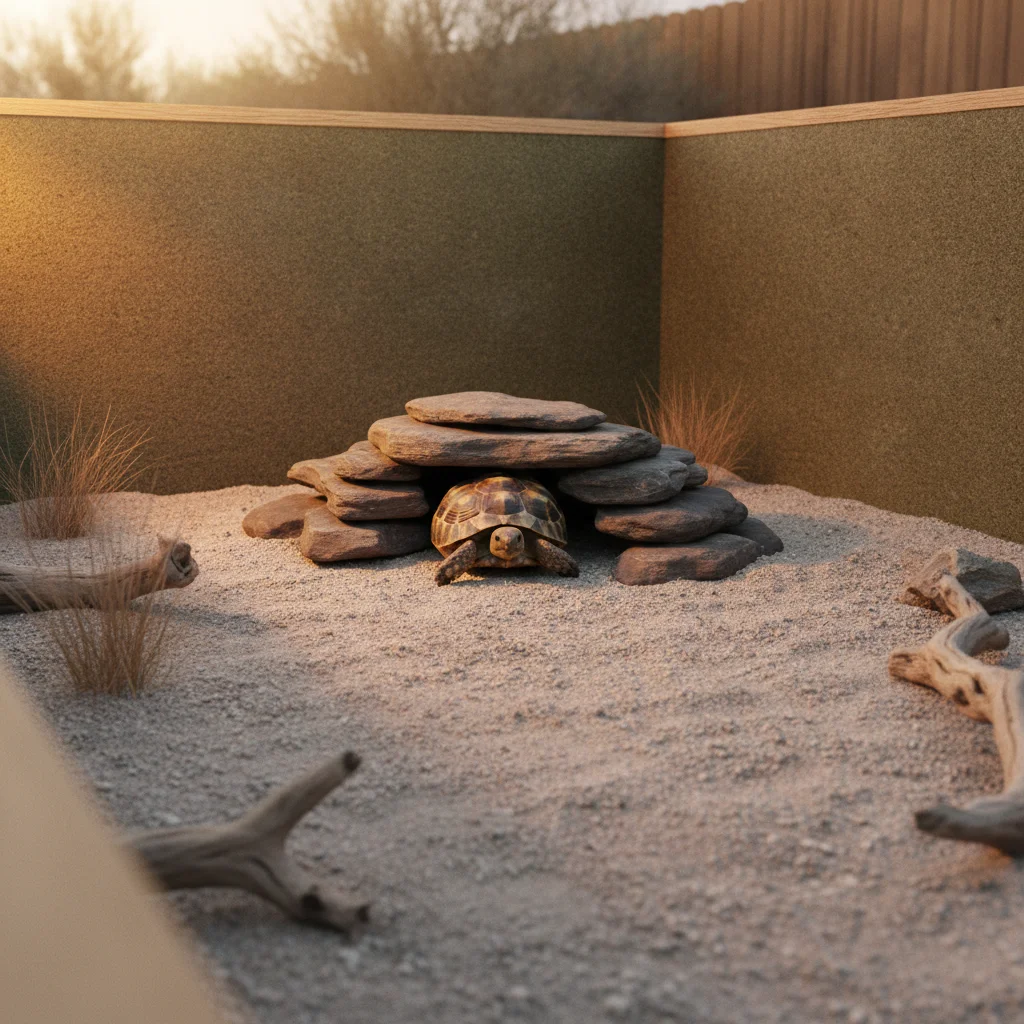 Espace clos aménagé avec substrat meuble et refuges pour reptile terrestre