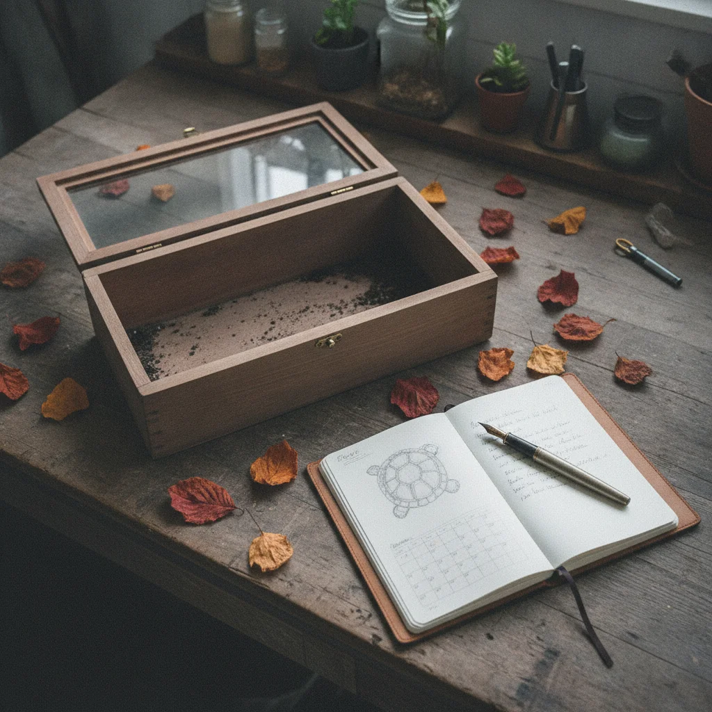 Instruments de mesure et accessoires de terrariophilie disposés sur un établi en bois