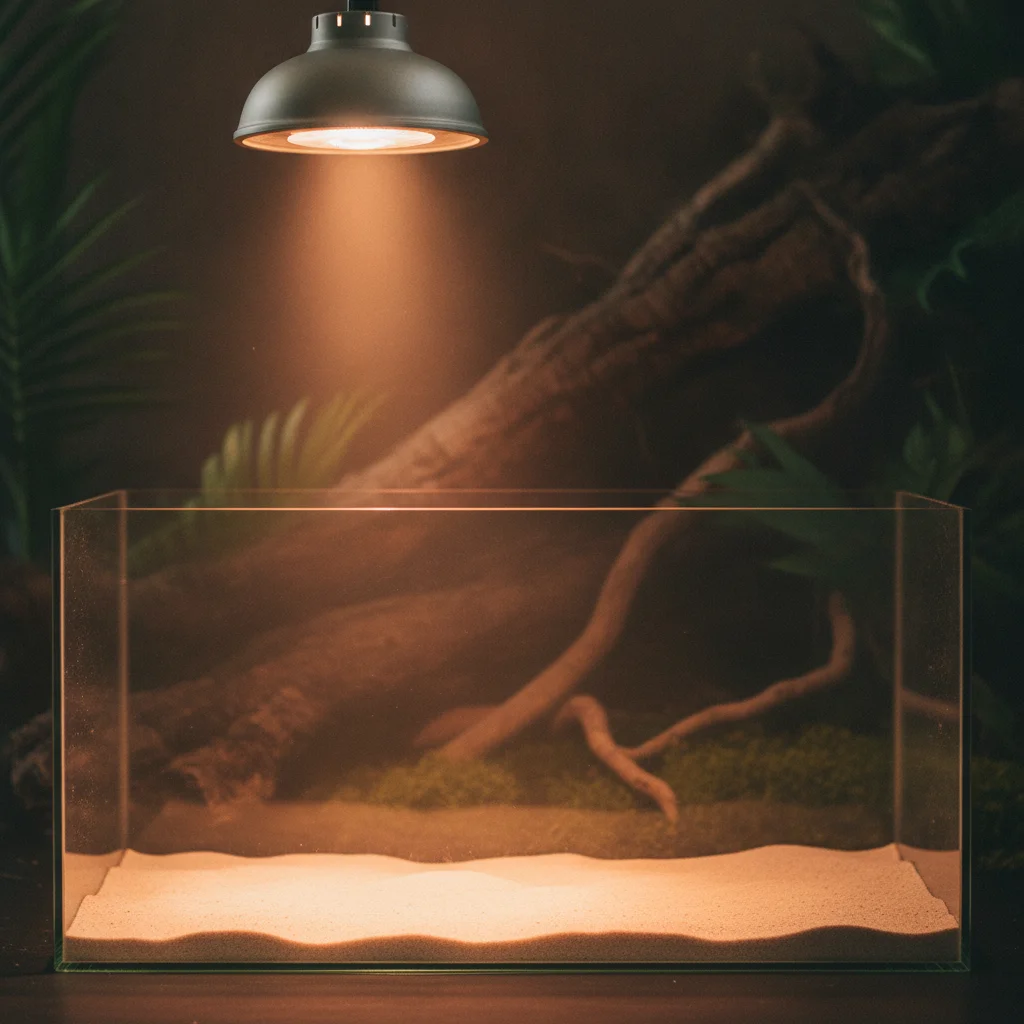 Aperçu d'un habitat terrarium fraîchement entretenu, mettant en avant écorces et végétation artificielle