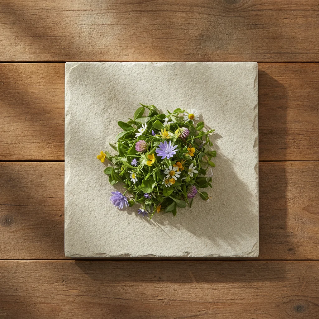 Sélection de feuilles et fleurs sauvages disposées pour illustrer un régime herbivore équilibré