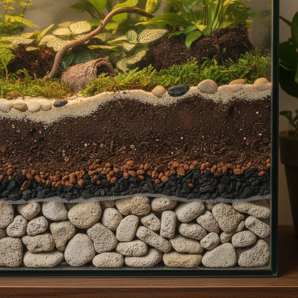 Vue rapprochée d'une installation en verre agrémentée de feuillage dense et de branches noueuses