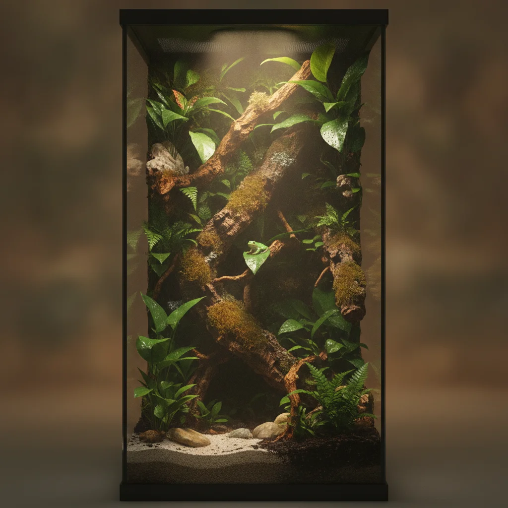 Aménagement intérieur d'un habitat pour reptile terrestre avec reliefs minéraux et zones végétalisées